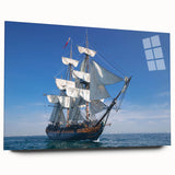 Large abstract wall art of a ship, in cool blue and gray tones on acrylic glass, ideal for dining room ambiance.