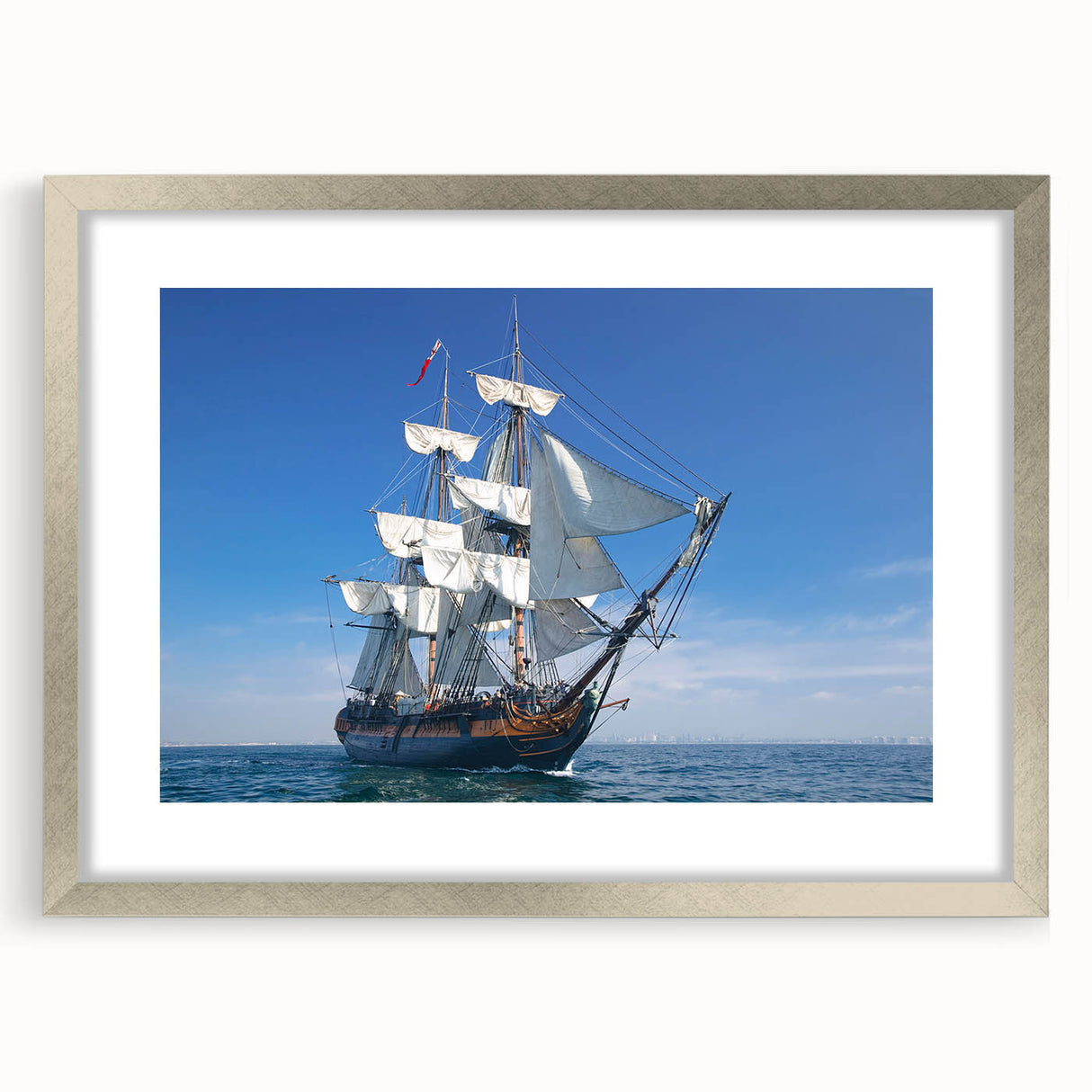 Abstract art print of a stylized ship in silver and blue tones on a framed canvas, suitable for bedroom or dining room decor.