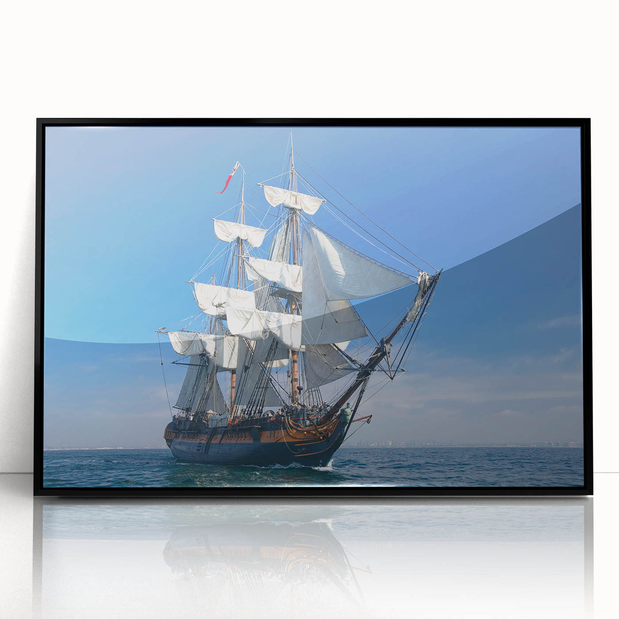 Large abstract wall art of a stylized ship, in black and grey tones on a framed acrylic, suitable for modern office decor.