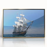 Mid-century modernist art deco poster of a ship, in muted blue and gold tones, framed acrylic, suitable for nursery wall art.