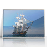 Mid-century modernist style large art print of a ship, in muted blue and gray tones, acrylic framed.