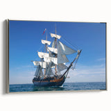 Vintage poster art of a ship, framed canvas in silver, with a black and colorful art palette, ideal for living room decor.