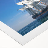 Art deco poster of a vintage ship in muted blue and white, printed on rolled canvas, suitable for dining room decor.