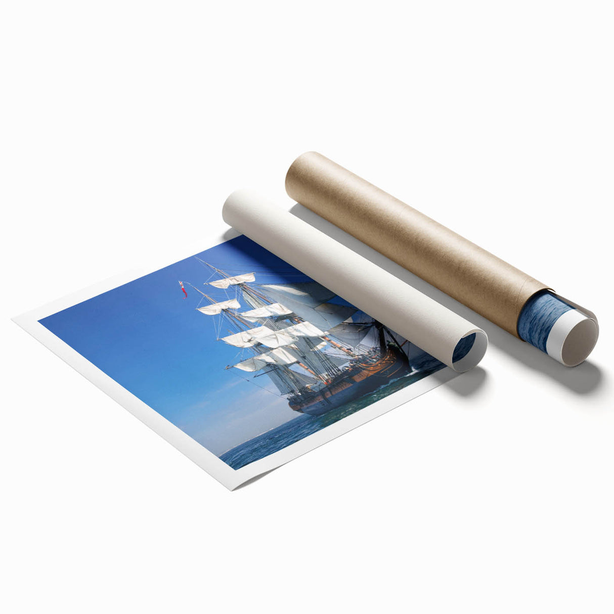 Extra large rolled print featuring a ship on calm waters in muted blue tones, ideal for large living room wall art.