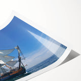 Extra large wall art depicting a ship on calm seas in muted blue and gray tones, ideal for classy bathroom decor.