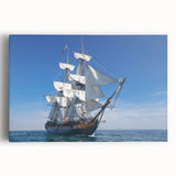 Black and white photo of a vintage ship on stretched canvas, ideal for kitchen wall art.
