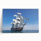 Black and white photo of a ship on stretched canvas, ideal for kitchen wall art or bedroom decor.