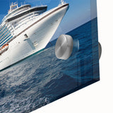 Large abstract wall art depicting a close-up of a ship in muted blue tones, printed on acrylic glass.