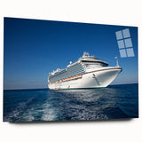 Large abstract wall art of a ship, in muted blue and gray tones on acrylic glass, suitable for dining room ambiance.