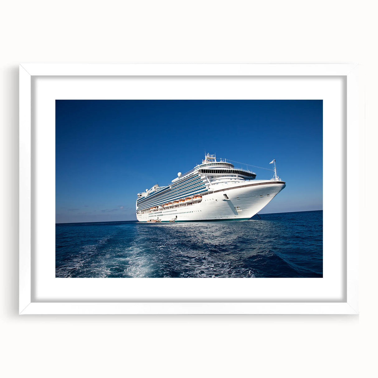 Abstract art print of a ship, rendered in textured blue and white tones on a framed white mat, ideal for living room decor.