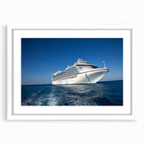 Abstract art print of a ship, rendered in textured blue and white tones on a framed white mat, ideal for living room decor.