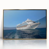 Mid-century modernist art of a ship in muted blue and gold hues, framed acrylic, suitable for nursery wall art.