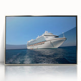 Art Deco style poster of a vintage ship, in silver frame on acrylic, with muted blue and gray tones.