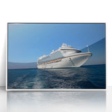 Mid-century modernist style large art print of a ship, in muted blue and gray tones on a white acrylic frame.