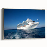 Vintage poster art of a ship, featuring a silver frame and colorful palette, ideal for extra large living room wall art.