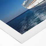 Art deco poster of a vintage ship in muted blue tones on a rolled canvas, suitable for dining room wall art.