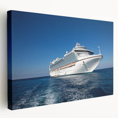Large art print of a vintage ship, rendered in muted oceanic colors on stretched canvas, ideal for kitchen wall art.