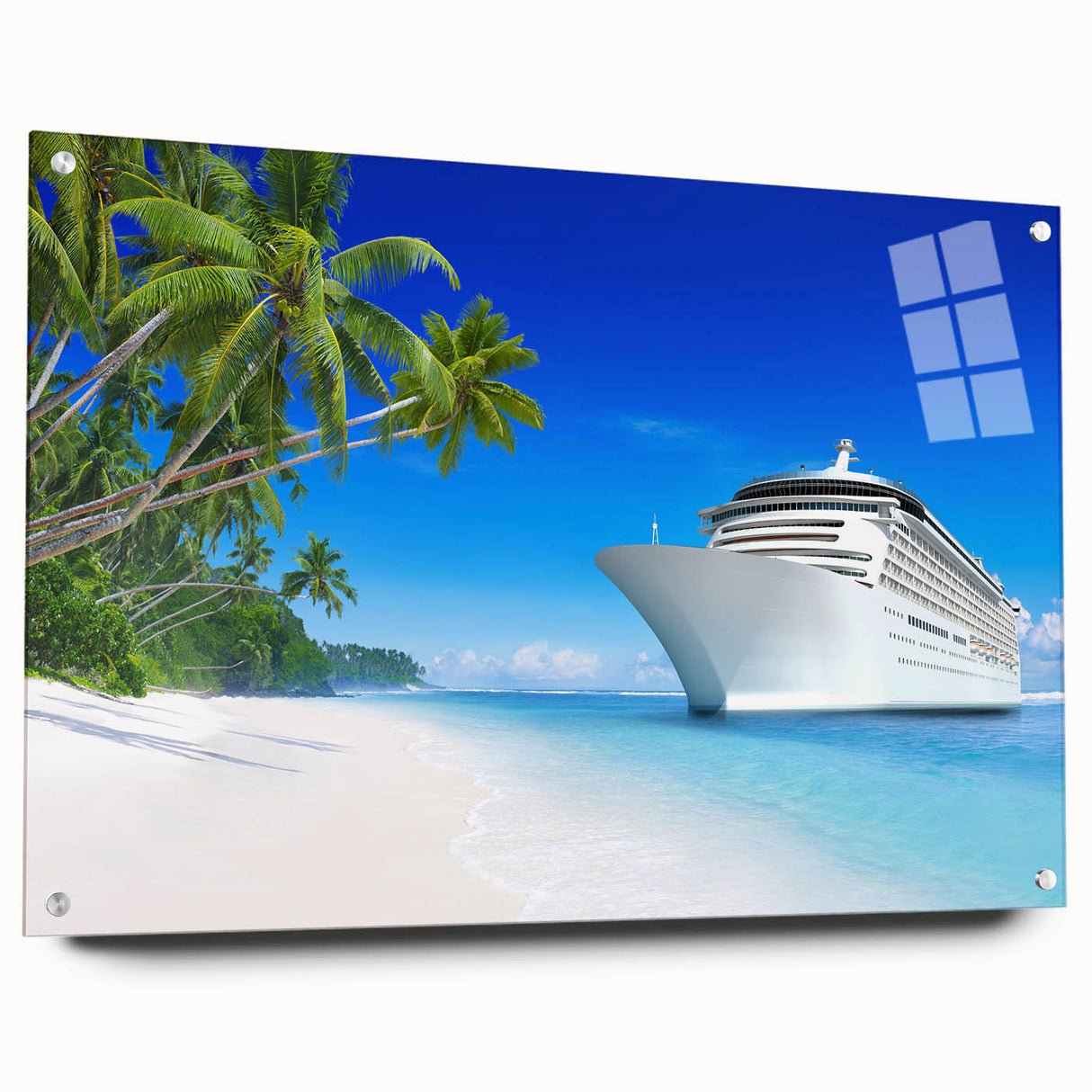 Acrylic print of a large abstract depiction of ships in cool blue and white tones, suitable for bedroom or dining room decor.