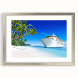 Abstract art print of a stylized ship in muted blue and gray, framed in silver, suitable for dining room decor.