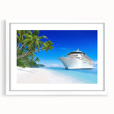 Extra large abstract art print of a ship, in textured gray and blue tones, framed with a white mat.