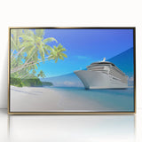 Mid-century modernist art depicting a ship in muted gray and blue tones, framed acrylic, ideal for modern art wall decor.