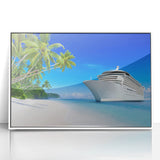 Mid-century modernist style large art print of a ship, in muted blue and white tones on acrylic.