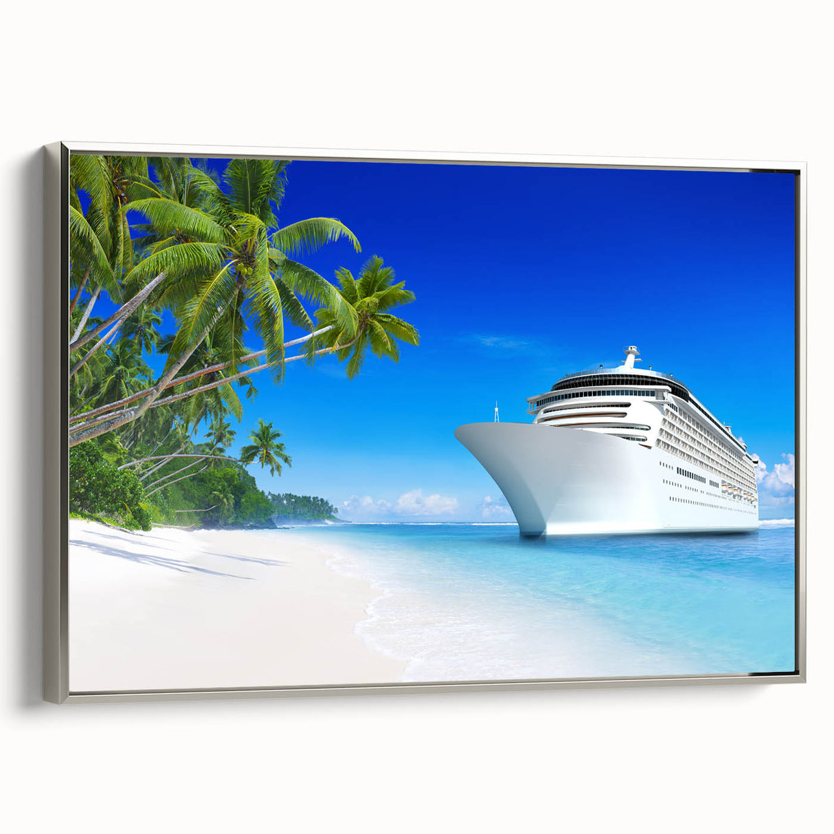 Vintage poster art of a ship, rendered in colorful tones on a black backdrop, framed in silver, ideal for living room decor.