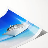 Extra large rolled print featuring a vintage ship, in muted blue and gray tones, suitable for classy bathroom wall art.