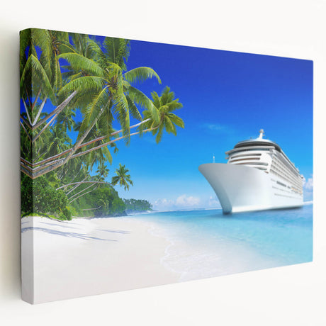 Large art print of a ship at sea in muted blue and gray tones on stretched canvas, suitable for kitchen wall decor.