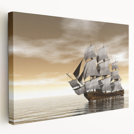Large art print of a vintage ship, rendered in muted blues and grays on stretched canvas, ideal for kitchen wall art.