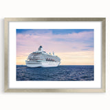 Abstract art print of a stylized ship in muted gray and blue tones on a framed canvas.