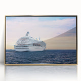 Mid-century modernist art of a boat in muted blue and gold tones on a framed acrylic, ideal for nursery wall art.