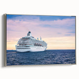 Vintage poster art of a colorful ship, rendered in black and vibrant hues on a framed canvas.