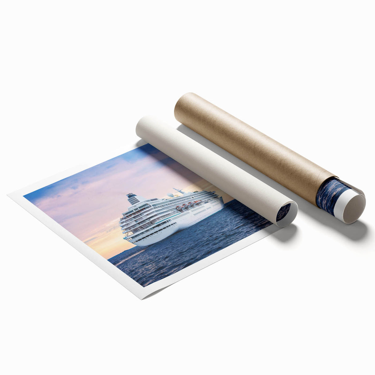 Extra large rolled print featuring a detailed line art design of a ship, in black and white.