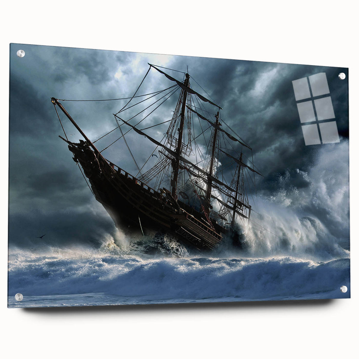 Acrylic print of a large abstract depiction of a ship in muted blue and gray tones.