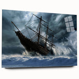 Large abstract wall art of a ship, in mid-century modernist style with muted blue and gray tones on acrylic glass.