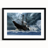 Abstract art print of a colorful, textured ship on a black framed canvas, ideal for extra large wall art in a living room.