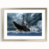 Abstract art print of a stylized ship in cool blue and gray tones on a framed canvas, suitable for dining room decor.