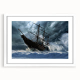 Extra large abstract art print of a boat on textured canvas, in muted blue and gray tones, framed in white.