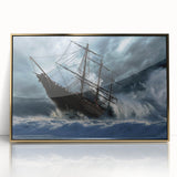 Mid-century modernist art depicting a ship, using muted blue and gold tones on a framed acrylic.