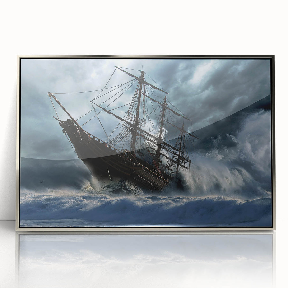 Art deco style poster of a vintage ship in muted blue and silver tones, framed acrylic.