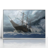 Large art print of a mid-century modernist style ship, in muted blue and gray tones on white acrylic.