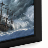 Extra large framed canvas featuring a black ship on a textured, colorful art background, ideal for living room decor.