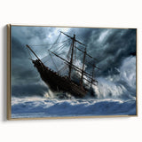 Framed canvas featuring a vintage-style landscape painting of a ship at sea, with a black and colorful art palette.