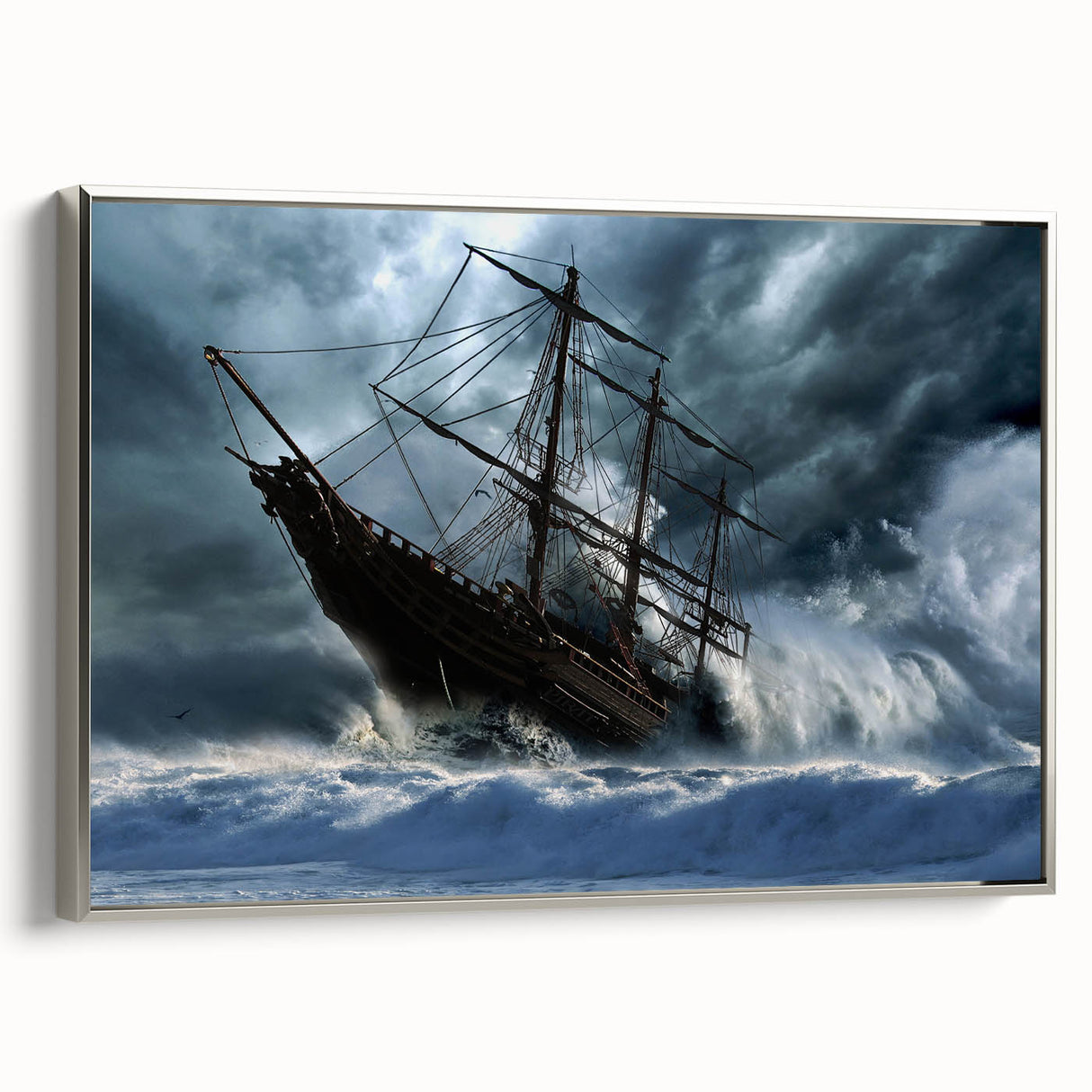 Vintage poster art of a colorful ship on black framed canvas, ideal for extra large wall art in living rooms.
