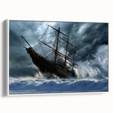 Framed canvas featuring a vintage black ship in a landscape painting, ideal for bedroom wall decor.