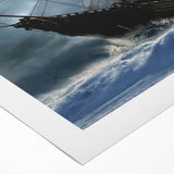 Art deco poster featuring a stylized ship in muted blue and gray tones on rolled canvas, suitable for dining room wall art.