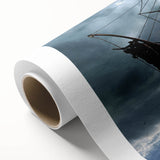 Art deco poster of a stylized ship in monochrome shades on rolled canvas, suitable for dining room wall art.