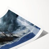 Extra large wall art featuring a ship in muted blue and white tones on a rolled canvas, suitable for bathroom decor.