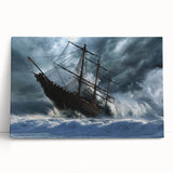 Black and white photograph of a ship in calm waters on stretched canvas, suitable as large kitchen wall art or bedroom decor.